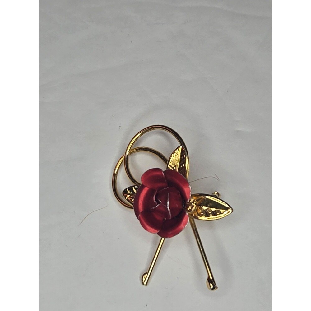 Gold Tone Brooch with Red Rose and Leaves